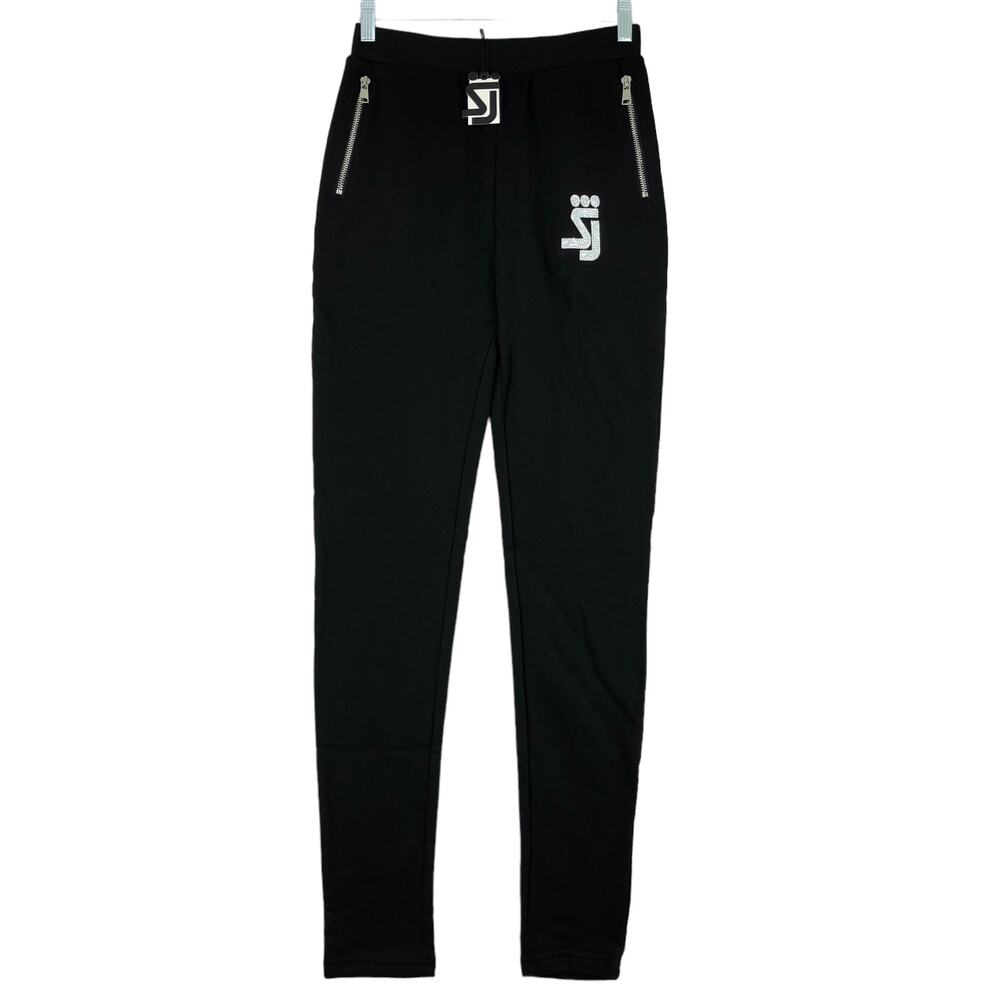 Shane Justin Black Women's Athletic Joggers with Zip Pockets and rhinestone logo